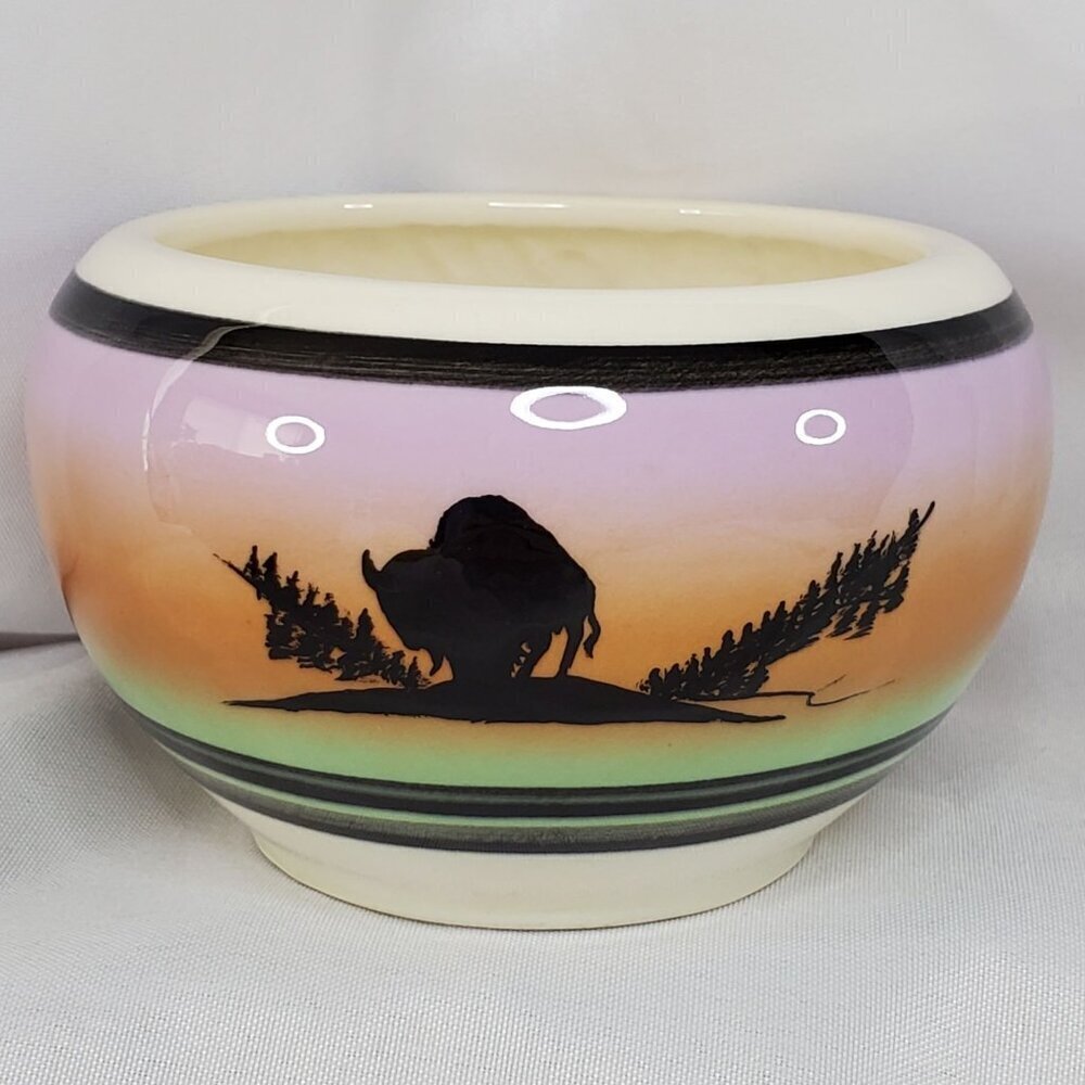 Native American Pottery Bowl Sunset Buffalo By Swift Eagle 4x3" Handmade